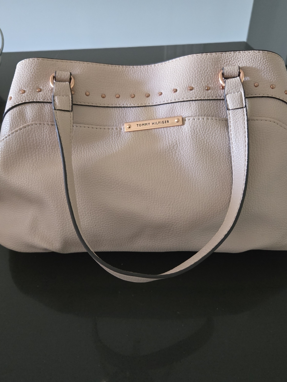 Tommy Hilfiger Soft Pink Pebbled Shoulder Tote with Gold Accents